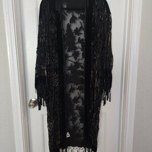Jinjiao Dressy Black Burnout Duster Jacket with Fringe